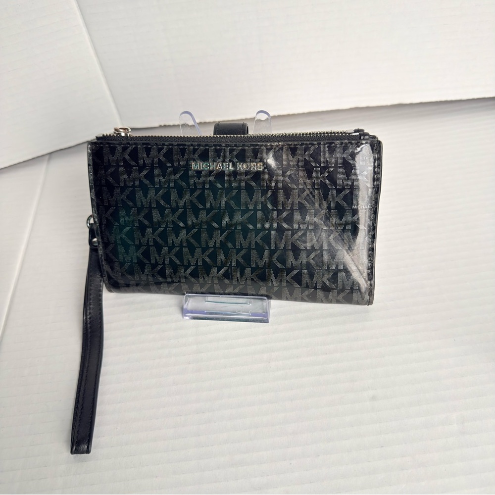 Michael Kors MK Monogram Wristlet Wallet Black Silver Logo